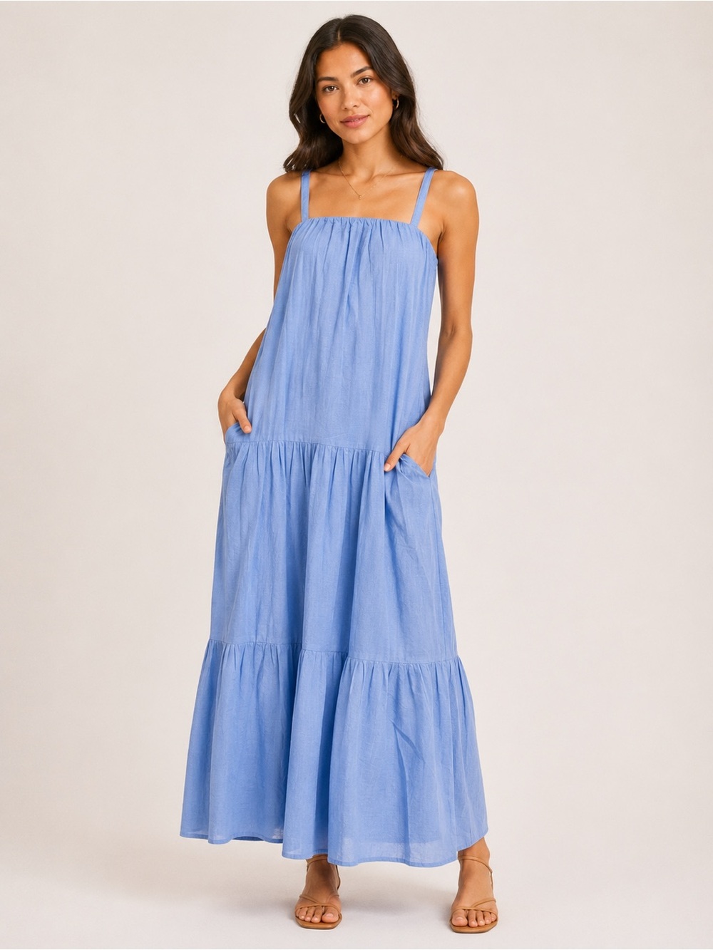 Steve Madden Oceane Tiered Cotton Maxi Sundress Removable Straps Blue NEW